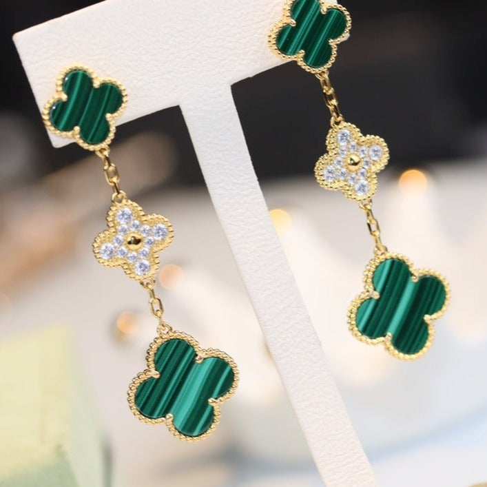 Dream CLOVER EARRINGS GOLD MALACHITE DIAMOND 3 MOTIF