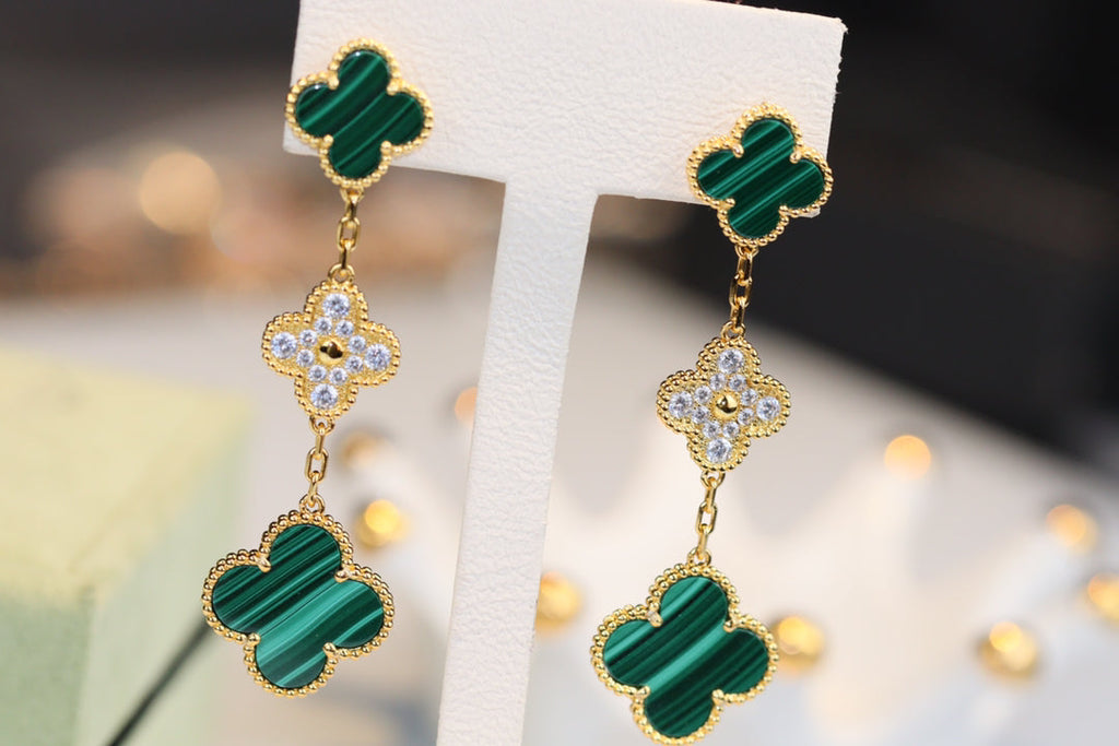 Dream CLOVER EARRINGS GOLD MALACHITE DIAMOND 3 MOTIF