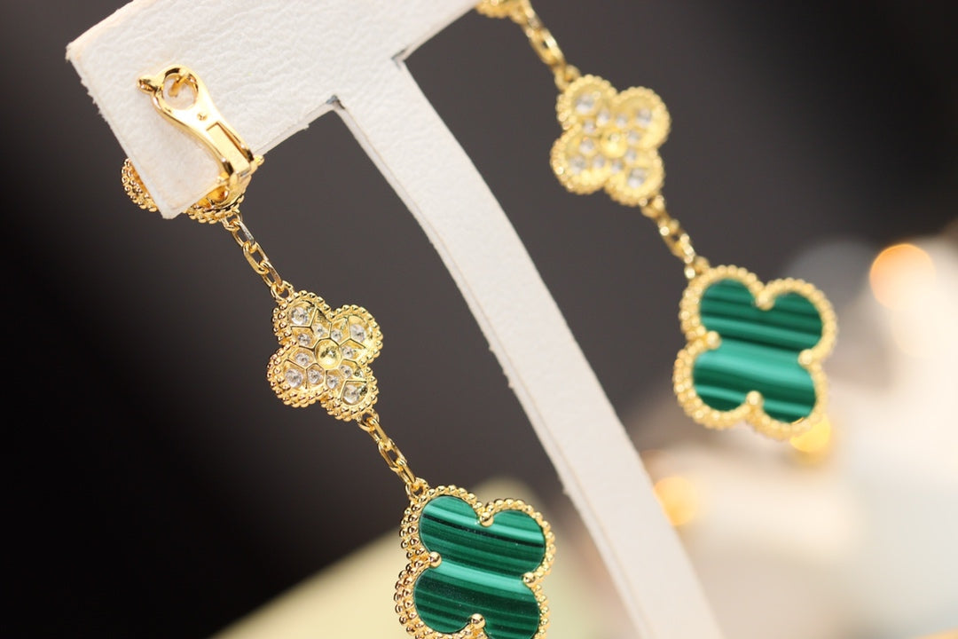 Dream CLOVER EARRINGS GOLD MALACHITE DIAMOND 3 MOTIF