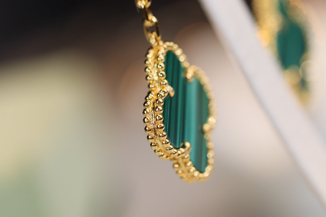 Dream CLOVER EARRINGS GOLD MALACHITE DIAMOND 3 MOTIF