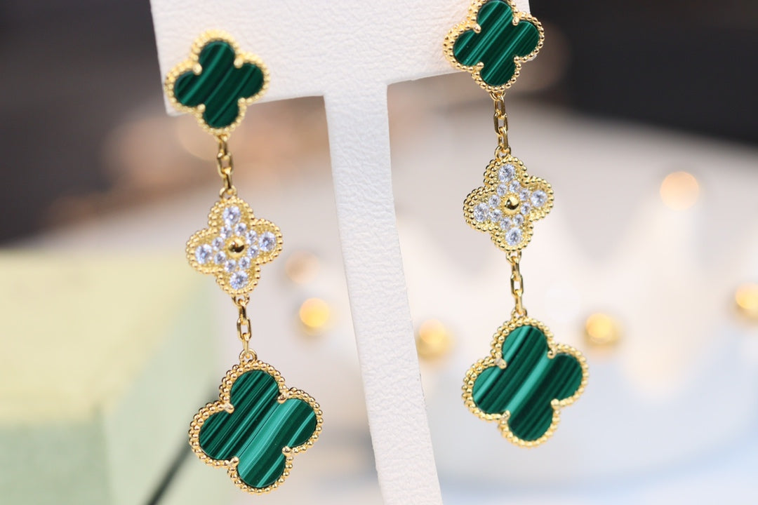 Dream CLOVER EARRINGS GOLD MALACHITE DIAMOND 3 MOTIF