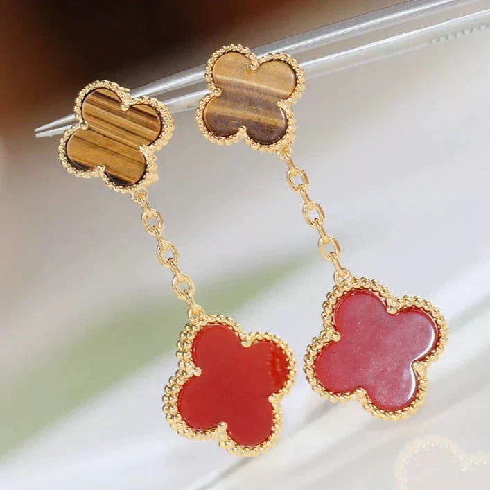 Dream CLOVER  2 MOTIF  TIGER EYE CARNELIAN EARRINGS