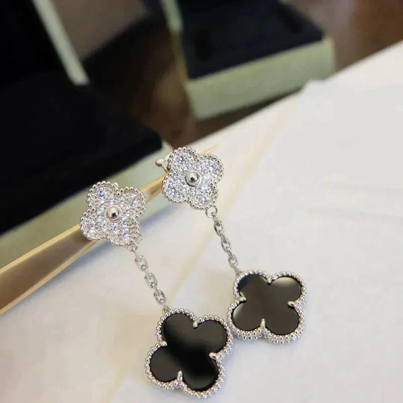 Dream CLOVER 2 MOTIFS  DIAMOND ONYX EARRINGS SILVER