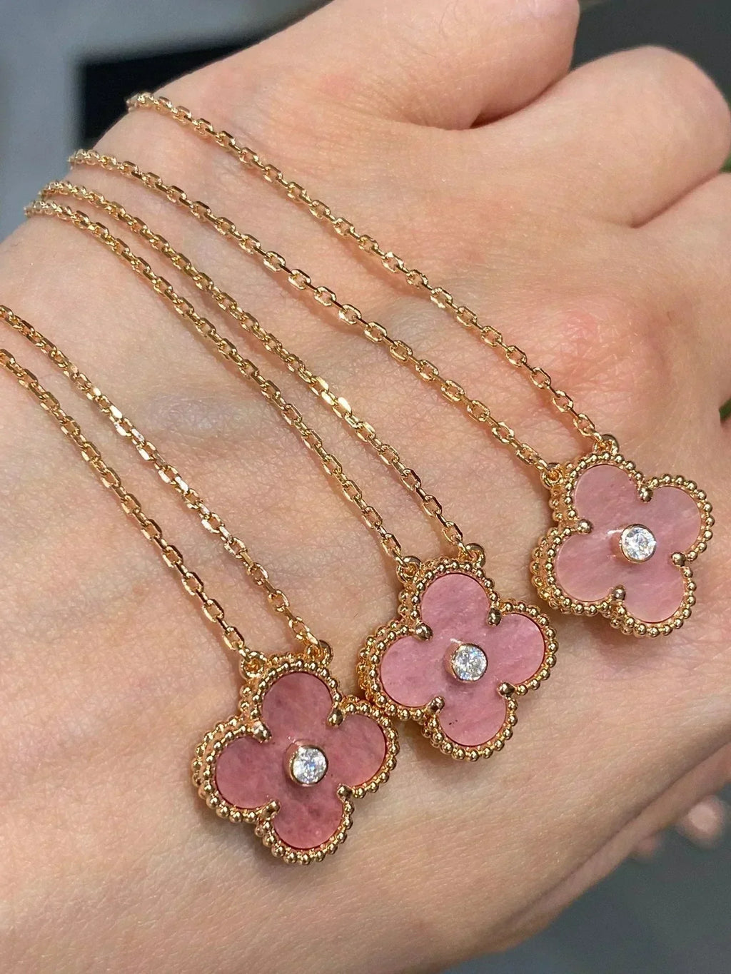 Dream CLOVER 15MM DIAMOND RHODONITE NECKLACE