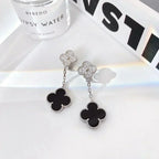 Dream CLOVER 2 MOTIFS  DIAMOND ONYX EARRINGS SILVER