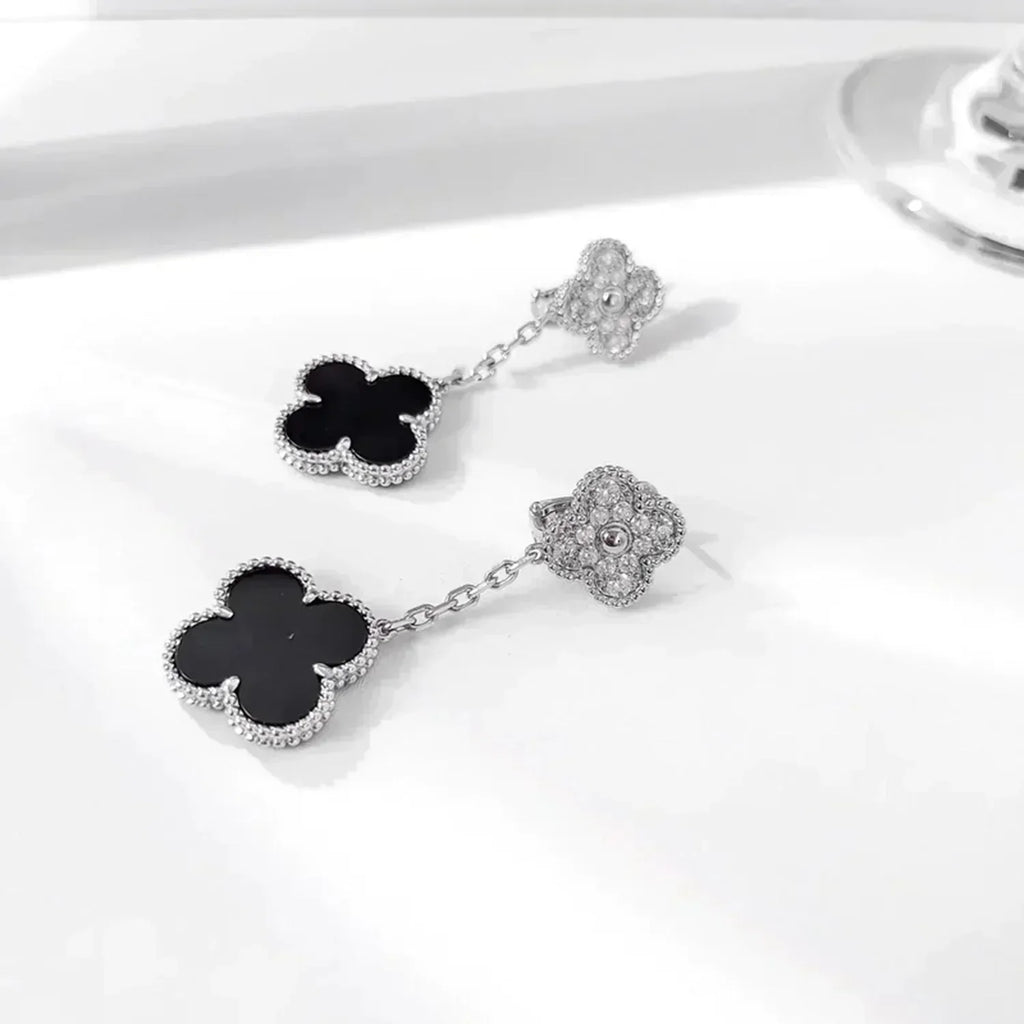Dream CLOVER 2 MOTIFS  DIAMOND ONYX EARRINGS SILVER