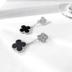 Dream CLOVER 2 MOTIFS  DIAMOND ONYX EARRINGS SILVER