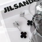 Dream CLOVER 2 MOTIFS  DIAMOND ONYX EARRINGS SILVER