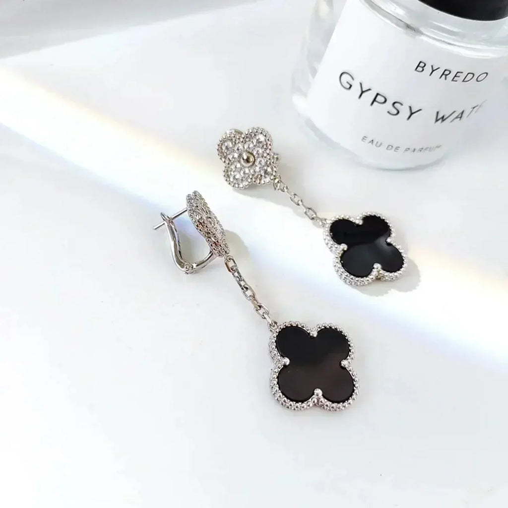 Dream CLOVER 2 MOTIFS  DIAMOND ONYX EARRINGS SILVER