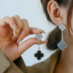 Dream CLOVER 2 MOTIFS  DIAMOND ONYX EARRINGS SILVER