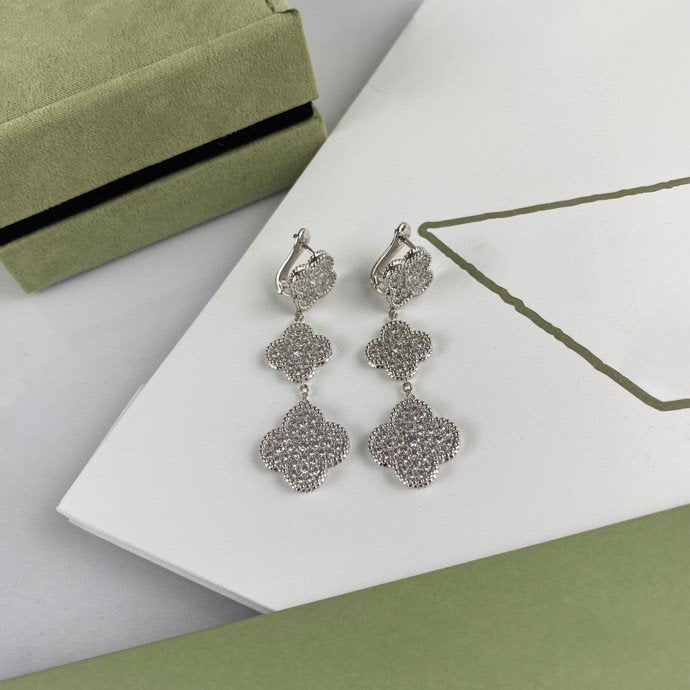 Dream CLOVER 3 MOTIF DIAMOND SILVER DROP EARRINGS