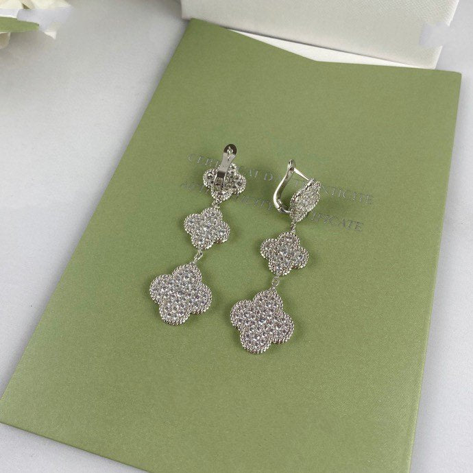 Dream CLOVER 3 MOTIF DIAMOND SILVER DROP EARRINGS