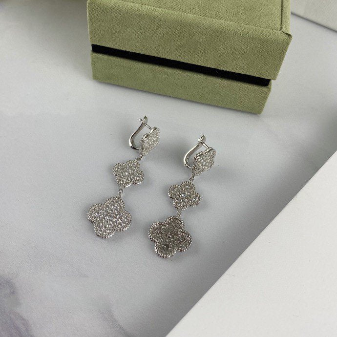 Dream CLOVER 3 MOTIF DIAMOND SILVER DROP EARRINGS