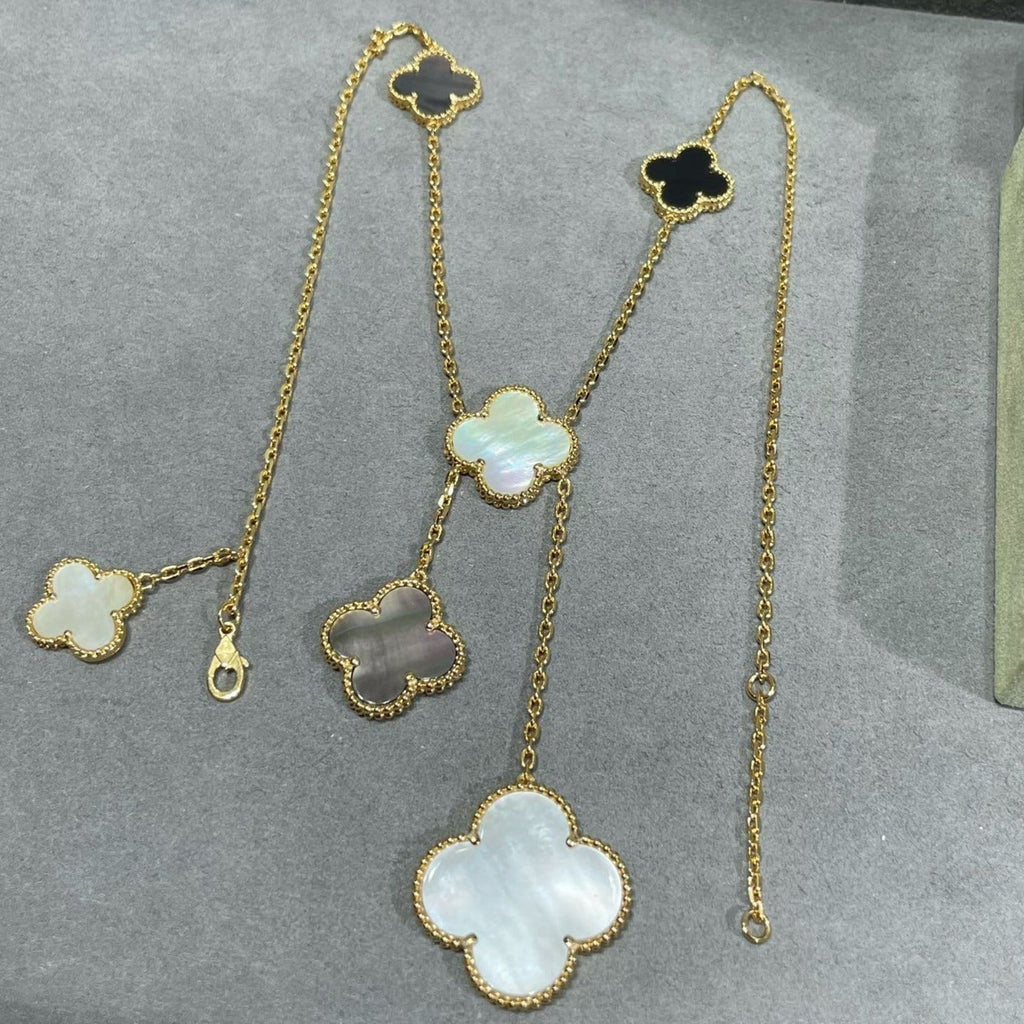 Dream CLOVER 6 MOTIF MOP ONYX GOLD NECKLACE