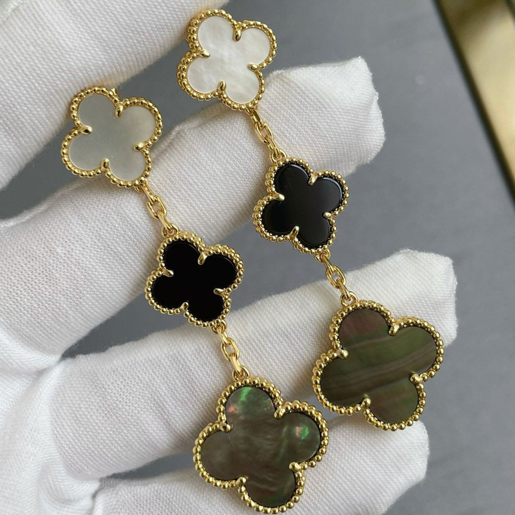 Dream CLOVER 3 MOTIF MOP ONYX DARK MOP PINK GOLD EARRINGS