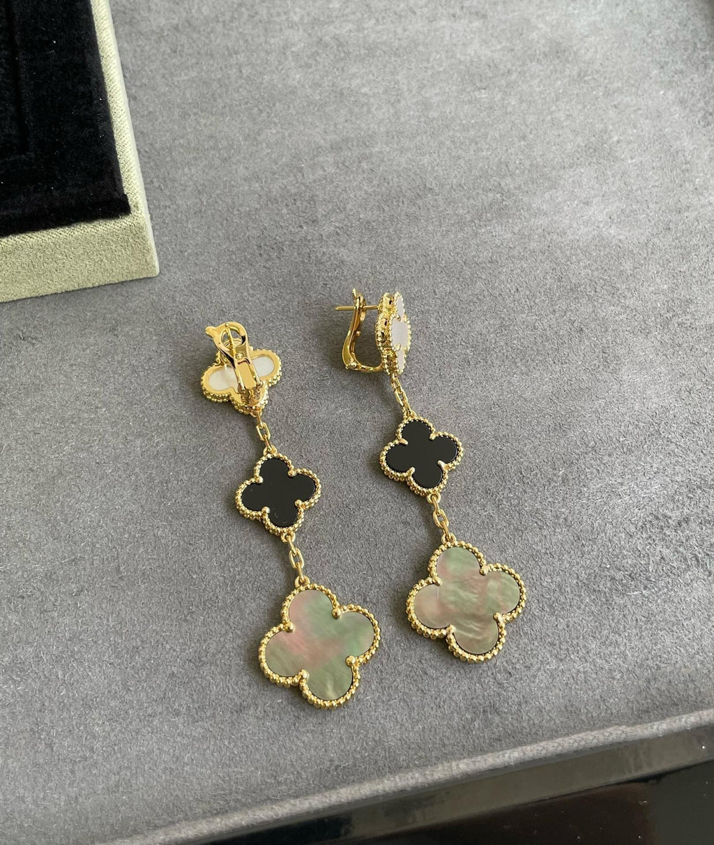Dream CLOVER 3 MOTIF MOP ONYX DARK MOP PINK GOLD EARRINGS