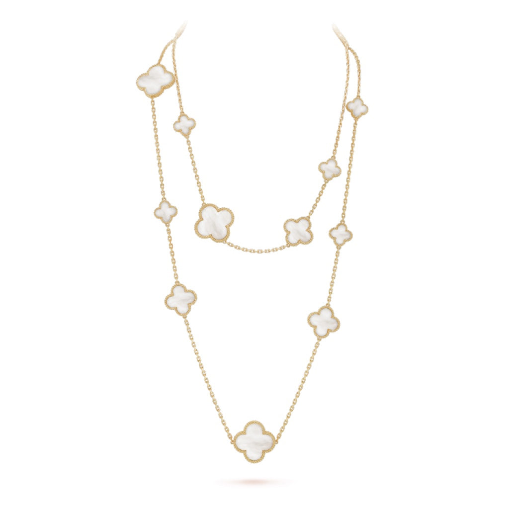 Dream CLOVER 16 MOTIF WHITE MOP GOLD NECKLACE