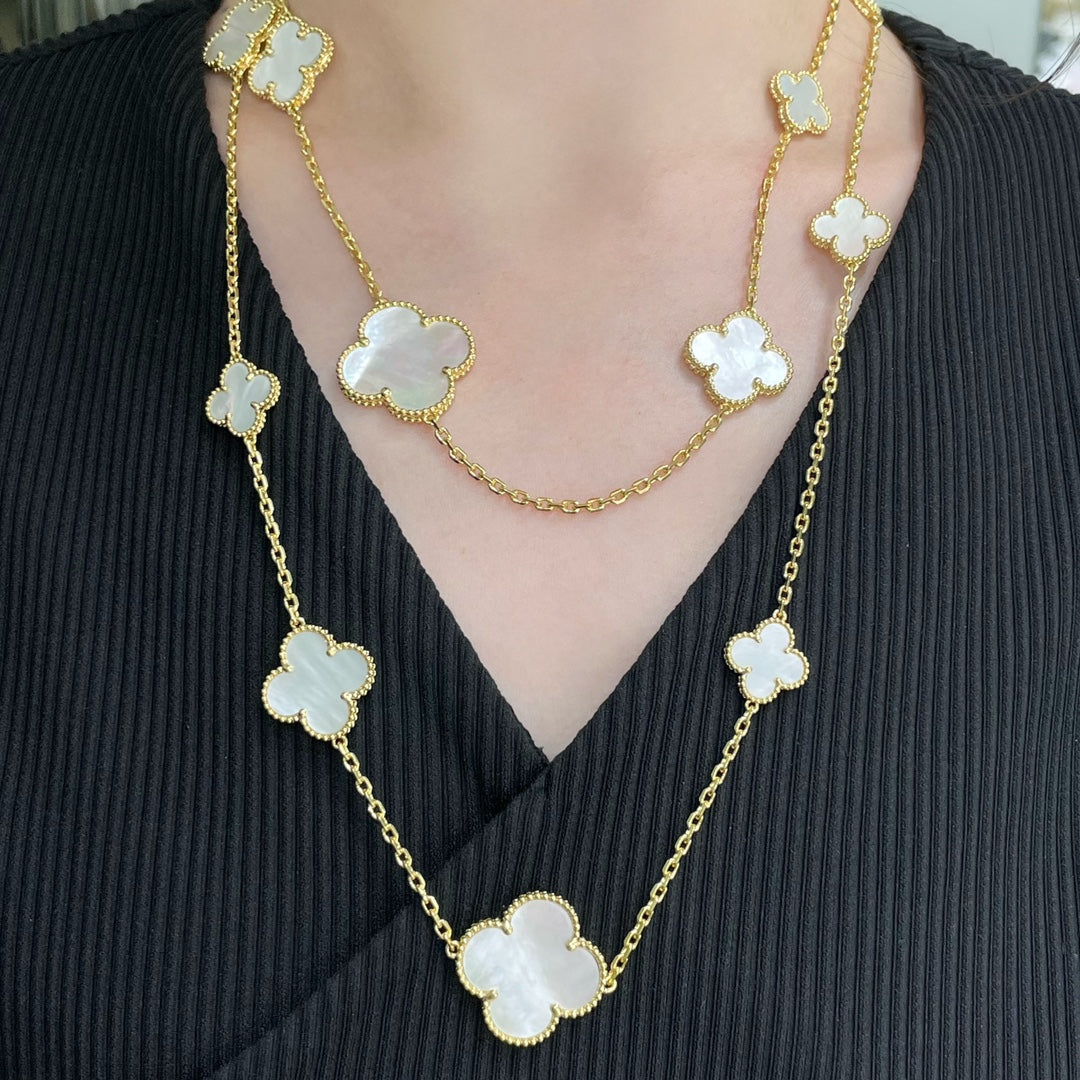 Dream CLOVER 16 MOTIF WHITE MOP GOLD NECKLACE