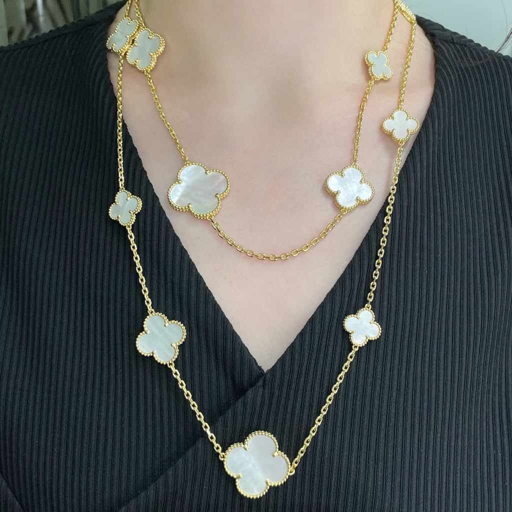 Dream CLOVER 16 MOTIF WHITE MOP GOLD NECKLACE