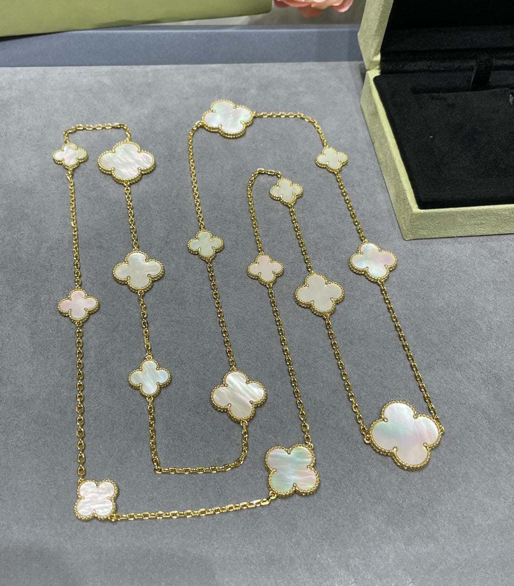 Dream CLOVER 16 MOTIF WHITE MOP GOLD NECKLACE