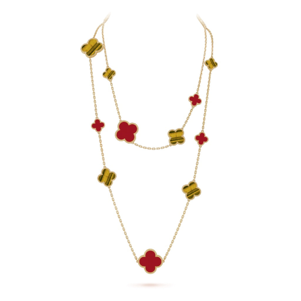 Dream CLOVER 16 MOTIF CARNELIAN TIGER EYE ROSE GOLD NECKLACE