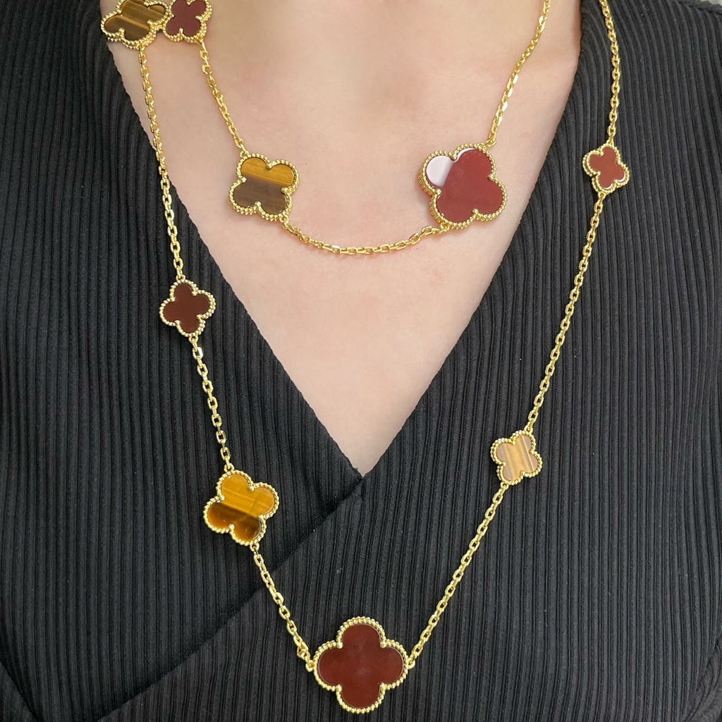 Dream CLOVER 16 MOTIF CARNELIAN TIGER EYE ROSE GOLD NECKLACE