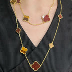 Dream CLOVER 16 MOTIF CARNELIAN TIGER EYE ROSE GOLD NECKLACE