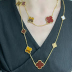 Dream CLOVER 16 MOTIF CARNELIAN TIGER EYE ROSE GOLD NECKLACE