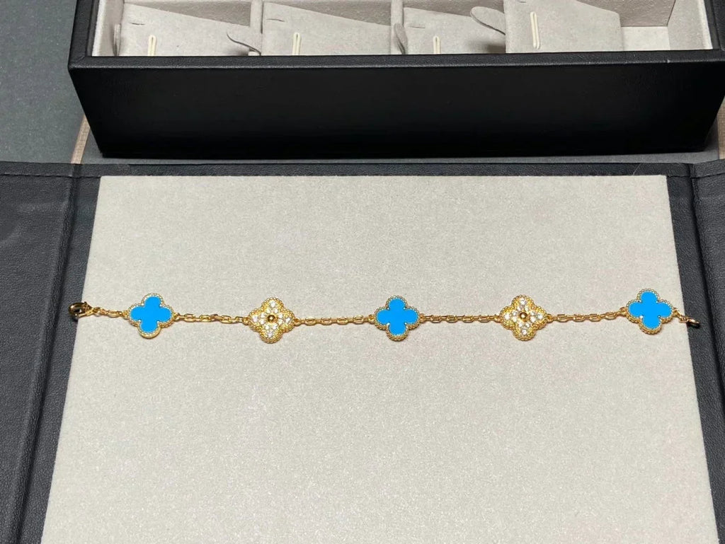 [Dream ]Neue CLOVER 5 MOTIF BLAUER ACHAT ARMBAND KOLLEKTION