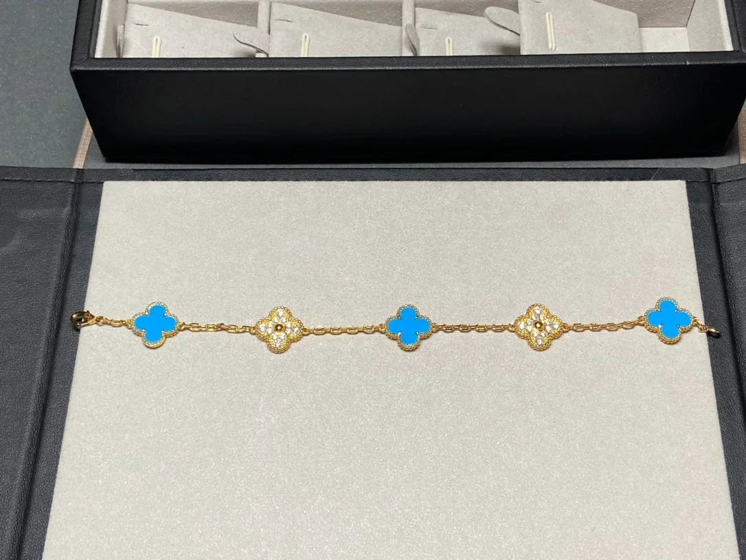 [Dream ]Neue CLOVER 5 MOTIF BLAUER ACHAT ARMBAND KOLLEKTION