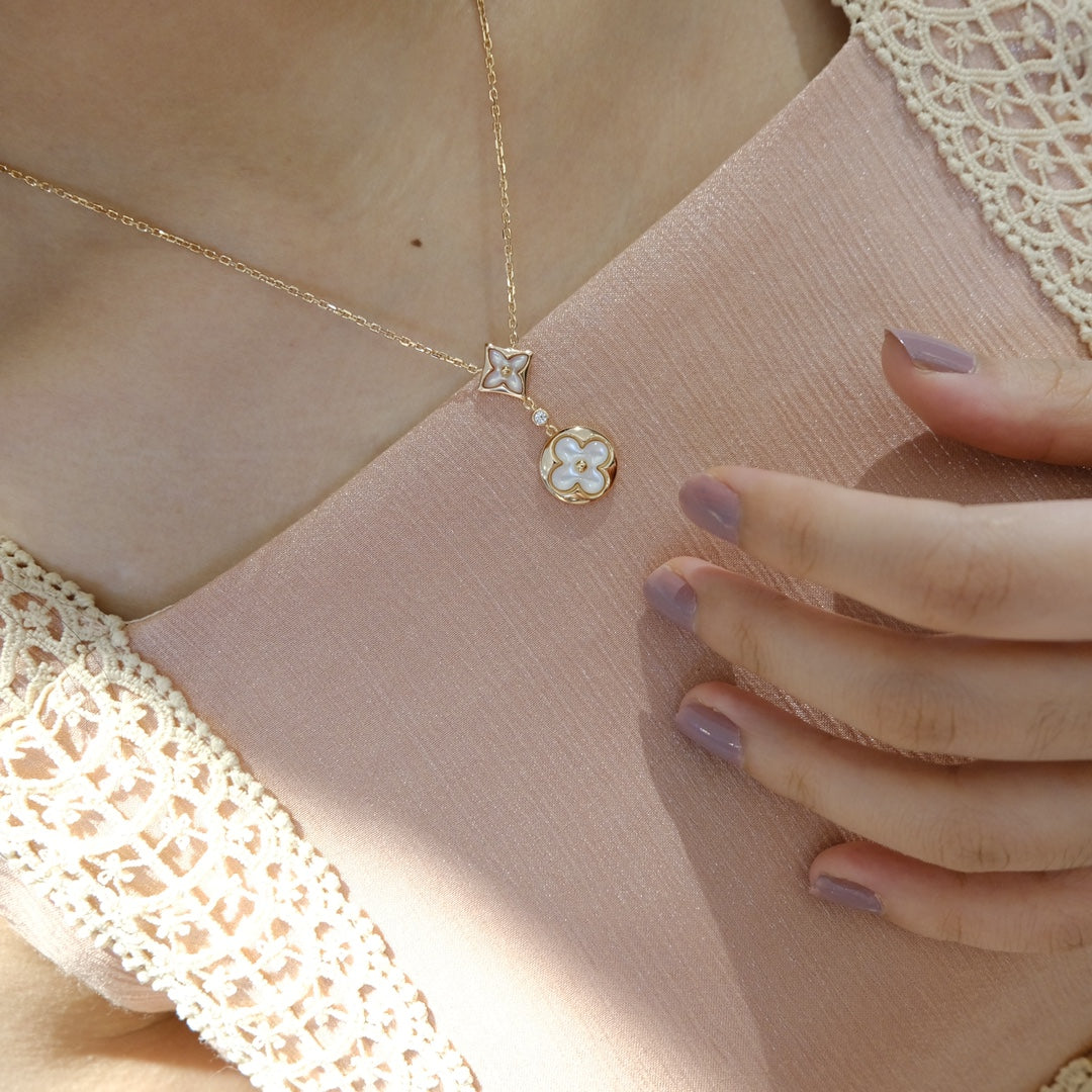 Dream STAR AND SUN WHITE MOP 2 MOTIF PINK GOLD NECKLACE