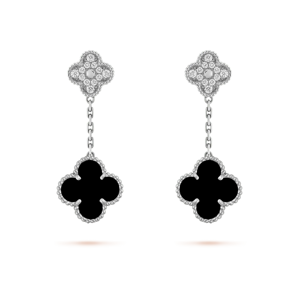 Dream CLOVER 2 MOTIFS  DIAMOND ONYX EARRINGS SILVER