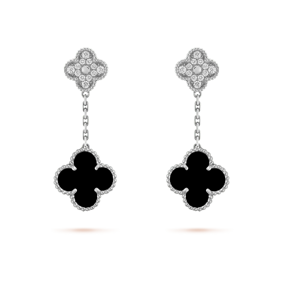 Dream CLOVER 2 MOTIFS  DIAMOND ONYX EARRINGS SILVER