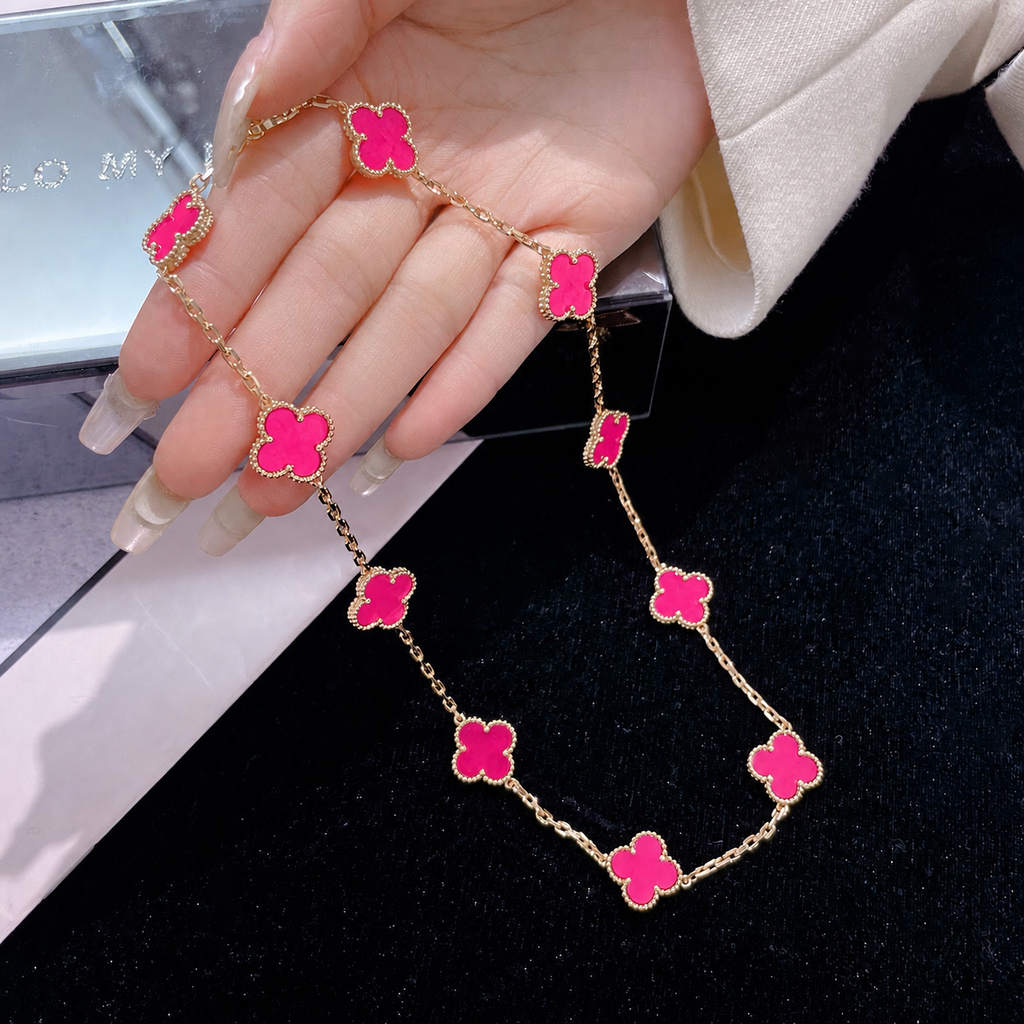 [Dream]NEW CLOVER 10 MOTIFS PINK ENAMEL NECKLACE