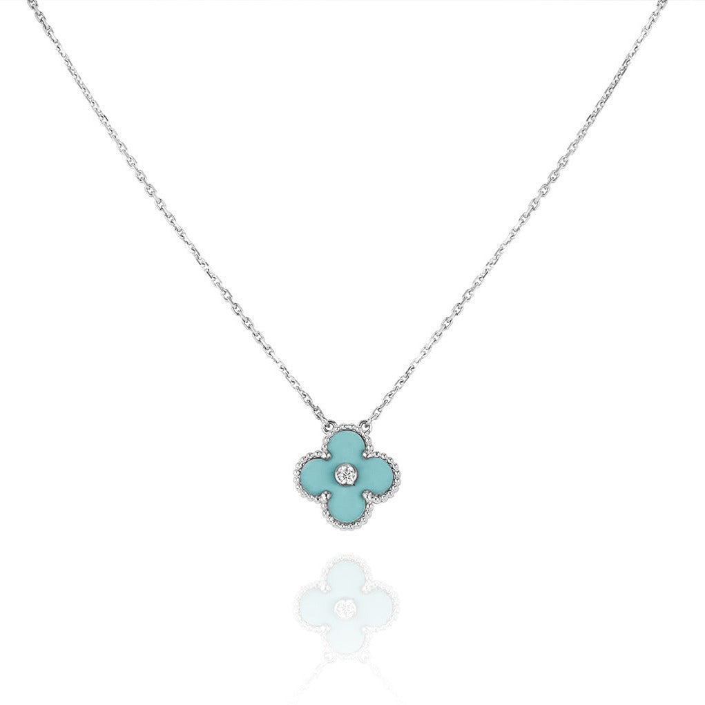 Dream CLOVER 1 DIAMOND LIGHT BLUE SILVER NECKLACE
