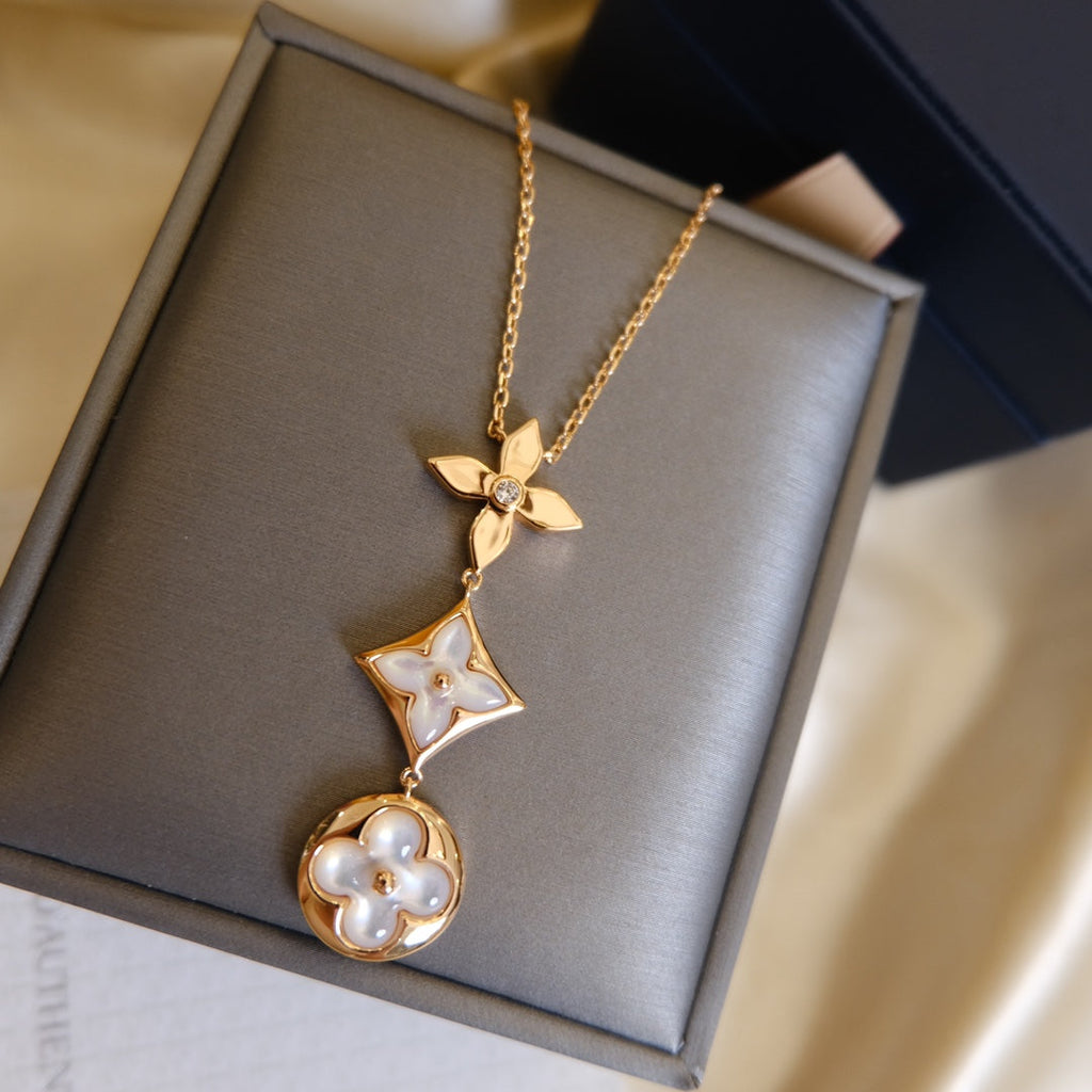 Dream COLOR BLOSSOM LARIAT NECKLACE PINK GOLD WHITE MOTHER PEARL AND DIAMOND