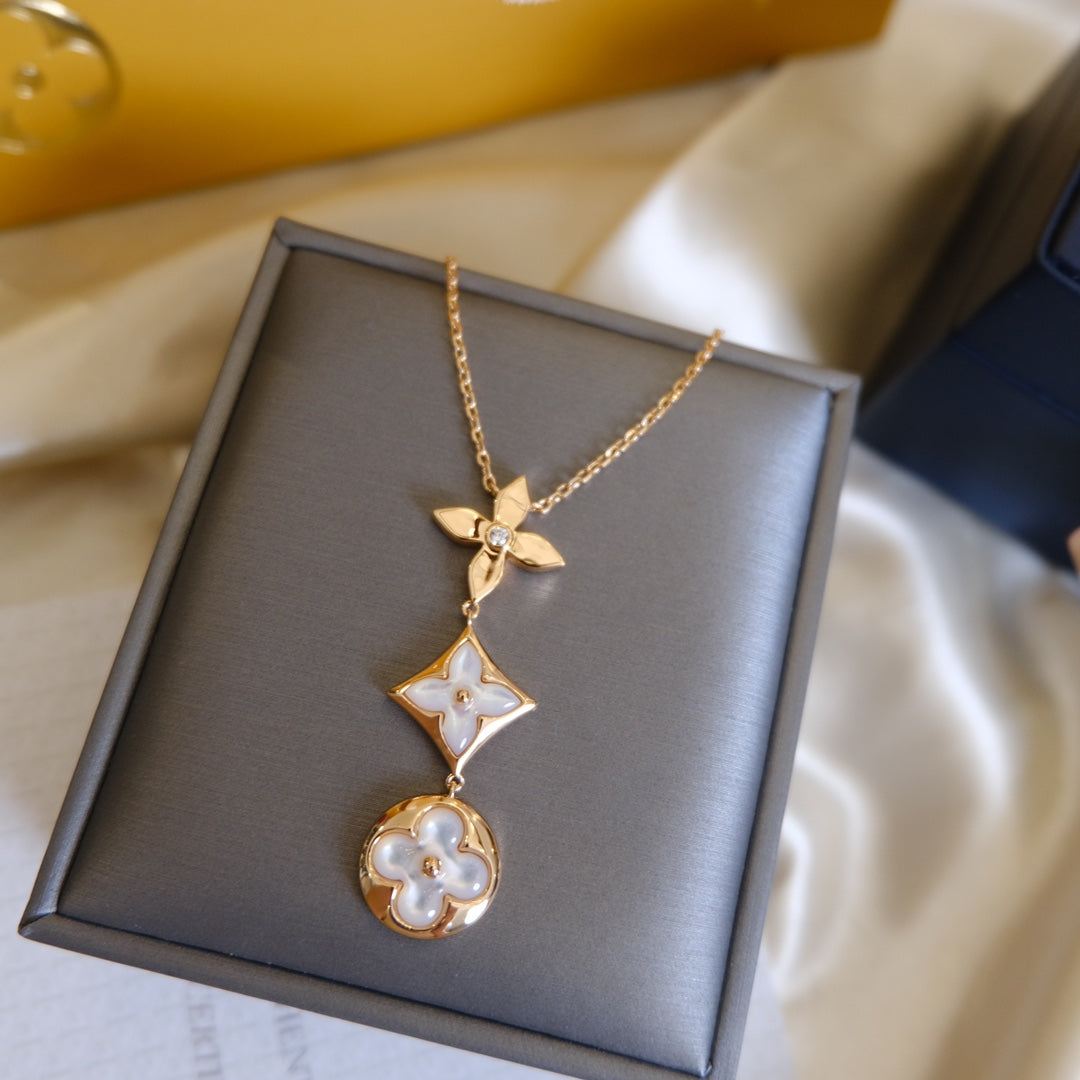 Dream COLOR BLOSSOM LARIAT NECKLACE PINK GOLD WHITE MOTHER PEARL AND DIAMOND