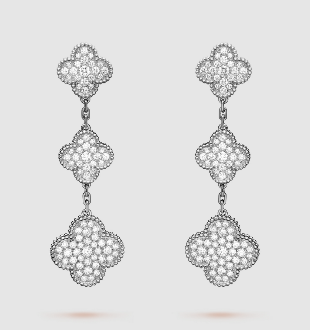 Dream CLOVER 3 MOTIF DIAMOND SILVER DROP EARRINGS