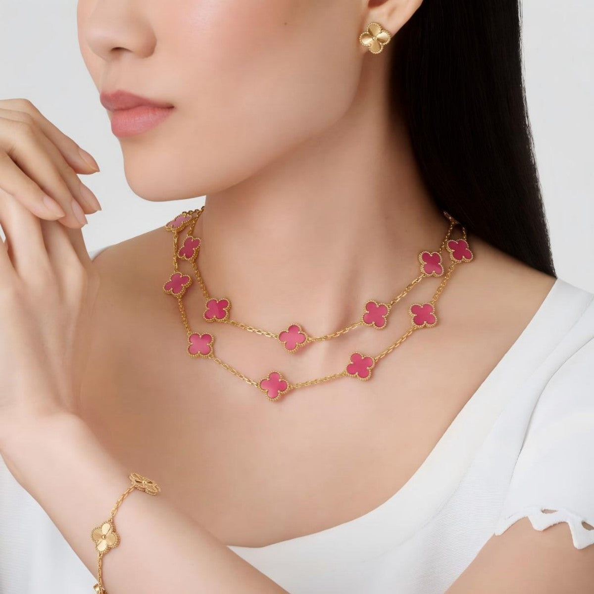 [Dream] NEW CLOVER 20 MOTIFS PINK ENAMEL NECKLACE
