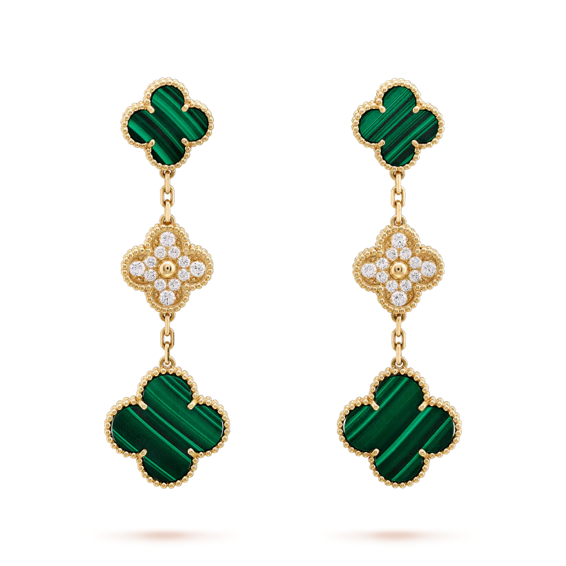 Dream CLOVER EARRINGS GOLD MALACHITE DIAMOND 3 MOTIF